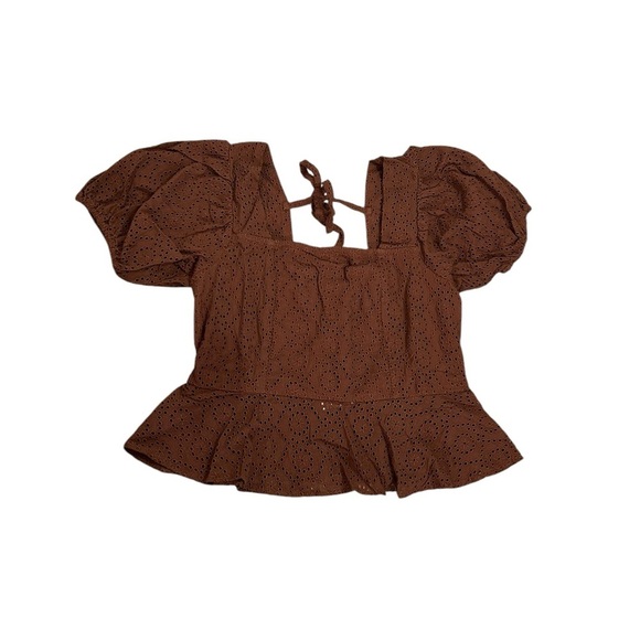 Band of the Free Brown Palmer Eyelet Boho Peplum Stretch Top Womens Sz Large NWT - Picture 12 of 13